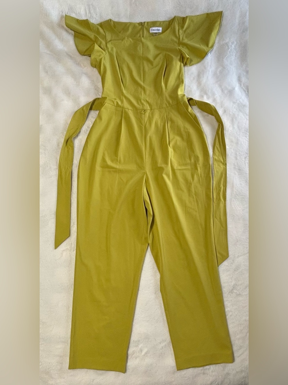 Calvin Klein Chartreuse Yellow Flutter Sleeve Belted Jumpsuit Size 8 NWT - Picture 11 of 16